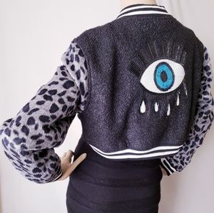 Denimland Sequin Eye Cheetah Cropped Varsity Jackt
